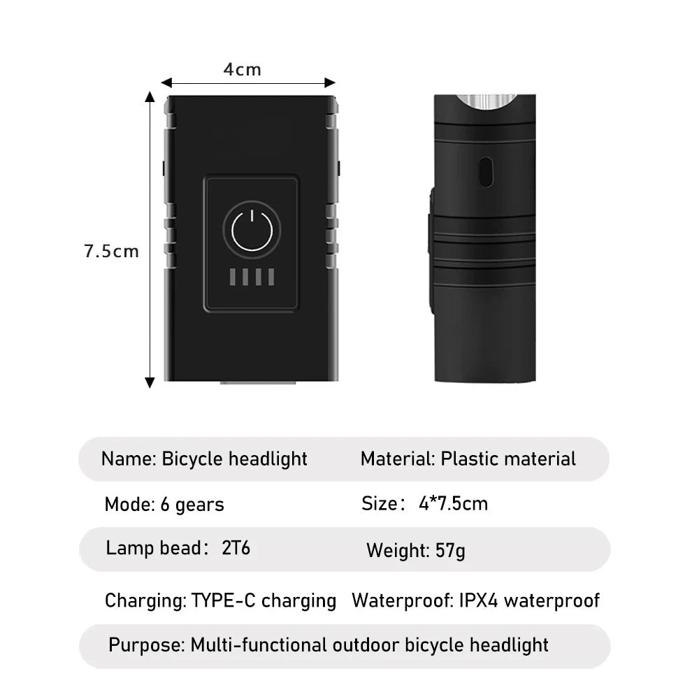 LED Bicycle Front Light Type-C Rechargeable Bicycle Headlight MTB Road Bike Headlamp Easy to Install Cycling Accessories